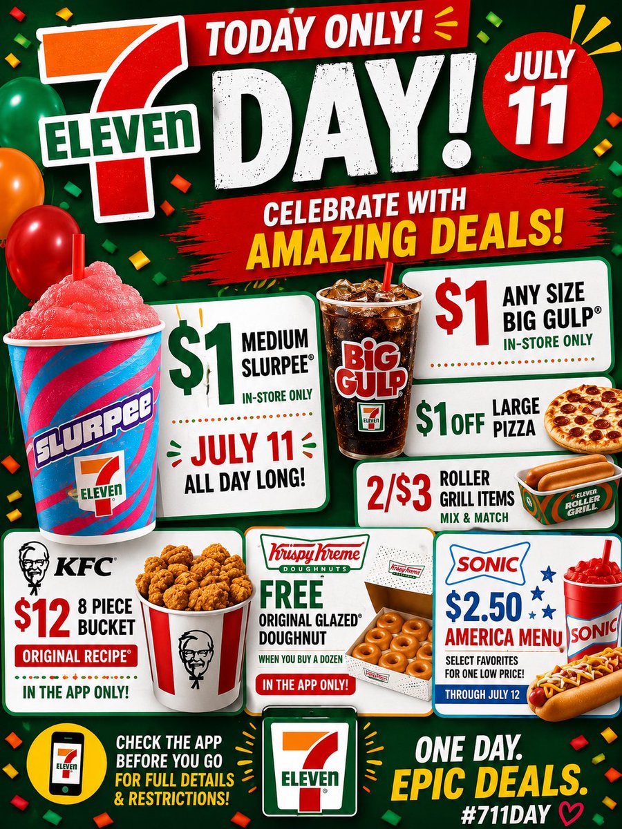 Lavishlylo's tweet photo. 🥤 It’s 7-Eleven Day! 🎉

Cool down with a FREE Slurpee and take advantage of today’s limited-time deals before they’re gone! 😍🔥

Tag a friend you’re making a Slurpee run with! 👇

#711Day #FreeSlurpee #SaturdayDeals #SaveMoney #LavishlyLo #JacksonvilleDeals #DealsAndSteals #WeekendVibes