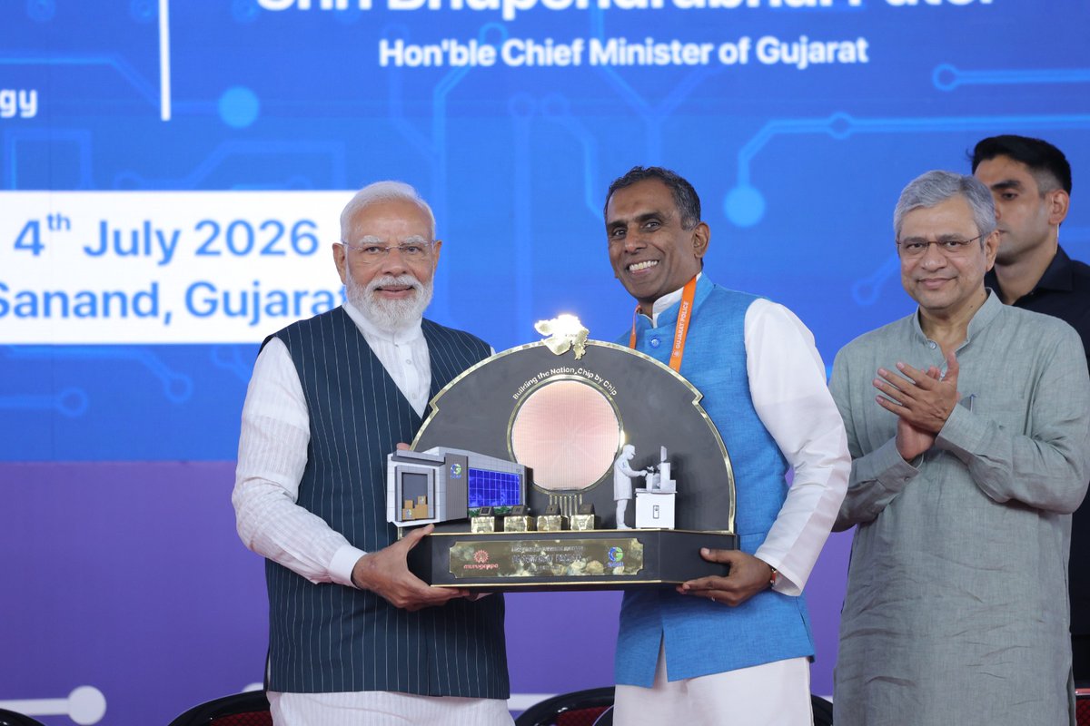 CGSEMI_Official's tweet photo. A landmark moment. A lasting commitment.

On the 4th of July 2026, as we marked the commencement of commercial production at our OSAT facility in Sanand, we extend our sincere gratitude to everyone who joined us in making this milestone moment truly memorable.

We are deeply honoured by the presence and encouragement of Hon’ble Prime Minister Shri Narendra Modi ji, Hon’ble Chief Minister of Gujarat Shri Bhupendra Patel ji, Hon’ble Union Minister Shri Ashwini Vaishnaw ji, Hon’ble Deputy Chief Minister Shri Harsh Sanghvi ji, dignitaries from the Government of India and Government of Gujarat, and leaders from across the semiconductor and manufacturing ecosystem.

This milestone represents months of dedication, collaboration, and shared purpose. More importantly, it marks the beginning of our journey to build world-class semiconductor manufacturing capabilities that strengthen India’s position in the global semiconductor value chain.

With a strong foundation in place, we look ahead with confidence- guided by precision, driven by innovation, and committed to delivering quality at every step.

To our JV partners, employees, customers, and every stakeholder who has been part of this journey- thank you for your trust, support, and commitment. Together, we are shaping the future of semiconductor manufacturing.

#CGSemi #Semiconductors #MakeInIndia #MakeForTheWorld #PrecisionEngineering #Innovation #HighTechManufacturing #IndiaSemionductorMission

@PMOIndia @AshwiniVaishnaw @CMOGuj @SemiconIndia @RenesasGlobal