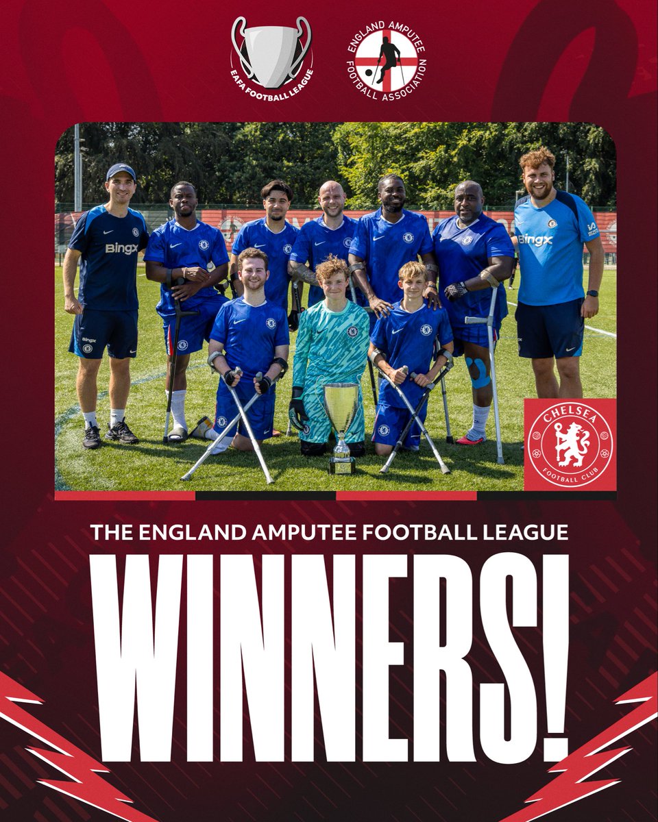 amputeefootball's tweet photo. 🏆 Chelsea are champions! 🏆

Chelsea are The England Amputee Football League 2026 champions, impressively going unbeaten through the season to win their first EAFL title 👏

#EAFAFamily | #AmputeeFootball https://t.co/OSTNGpy5sz