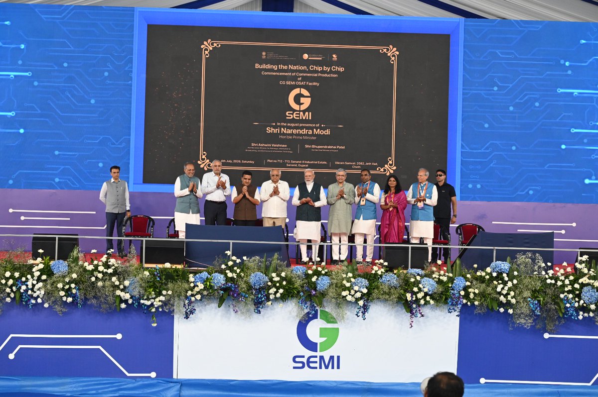 CGSEMI_Official's tweet photo. A landmark moment. A lasting commitment.

On the 4th of July 2026, as we marked the commencement of commercial production at our OSAT facility in Sanand, we extend our sincere gratitude to everyone who joined us in making this milestone moment truly memorable.

We are deeply honoured by the presence and encouragement of Hon’ble Prime Minister Shri Narendra Modi ji, Hon’ble Chief Minister of Gujarat Shri Bhupendra Patel ji, Hon’ble Union Minister Shri Ashwini Vaishnaw ji, Hon’ble Deputy Chief Minister Shri Harsh Sanghvi ji, dignitaries from the Government of India and Government of Gujarat, and leaders from across the semiconductor and manufacturing ecosystem.

This milestone represents months of dedication, collaboration, and shared purpose. More importantly, it marks the beginning of our journey to build world-class semiconductor manufacturing capabilities that strengthen India’s position in the global semiconductor value chain.

With a strong foundation in place, we look ahead with confidence- guided by precision, driven by innovation, and committed to delivering quality at every step.

To our JV partners, employees, customers, and every stakeholder who has been part of this journey- thank you for your trust, support, and commitment. Together, we are shaping the future of semiconductor manufacturing.

#CGSemi #Semiconductors #MakeInIndia #MakeForTheWorld #PrecisionEngineering #Innovation #HighTechManufacturing #IndiaSemionductorMission

@PMOIndia @AshwiniVaishnaw @CMOGuj @SemiconIndia @RenesasGlobal
