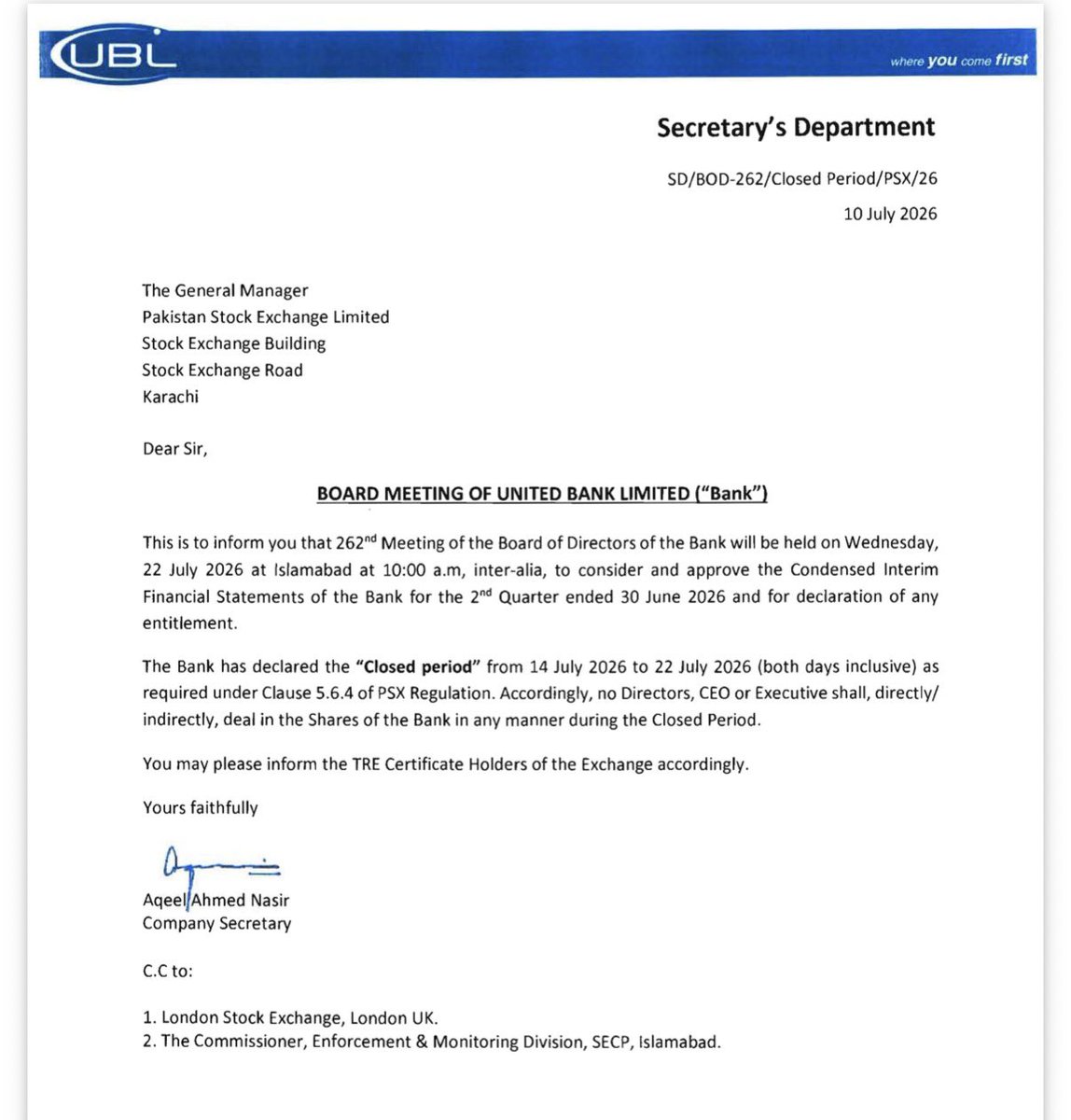 iabdullah278's tweet photo. United Bank Limited (#UBL) 🏦 
——Material information ℹ️ 

Set to announce (2nd Quarter) results &amp; entitlement if any on 22nd July 📣

#KSE100 https://t.co/b6VJ3SSqkf