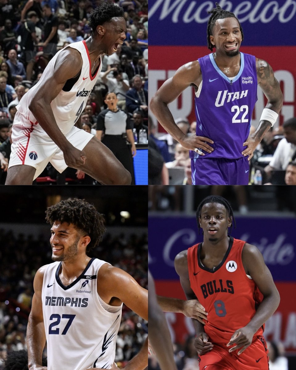 NBA's tweet photo. The top 4 picks SHOWED OUT in their NBA Summer League debuts!

🏀 AJ DYBANTSA: 27 PTS (game-high), 7 REB, 2 STL
🏀 DARRYN PETERSON: 24 PTS (team-high), 3 REB, 3 AST
🏀 CAMERON BOOZER: 23 PTS (team-high), 6 REB, 4 AST
🏀 CALEB WILSON: 35 PTS (game-high), 5 REB, 2 STL, 3 BLK, 7 3PM https://t.co/MGGZZceBLF