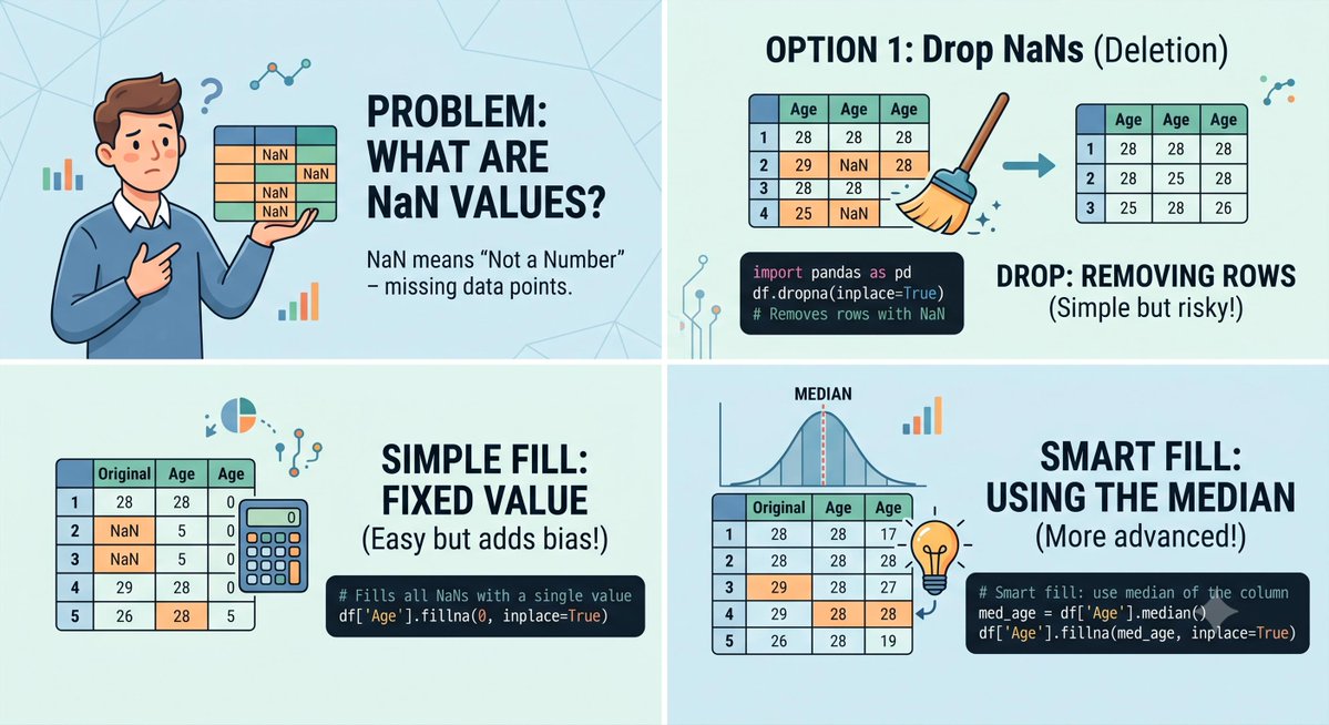TypeErrorDev's tweet photo. Stop using .dropna() for every missing value in Python! Blindly deleting rows destroys data & adds heavy bias.

Try these instead:
💡 Fixed: df.fillna(0)
📊 Smart: df.fillna(df['Col'].median())

Which strategy do you use most? 👇

#DataAnalytics #Python #Pandas #DataScience #Coding