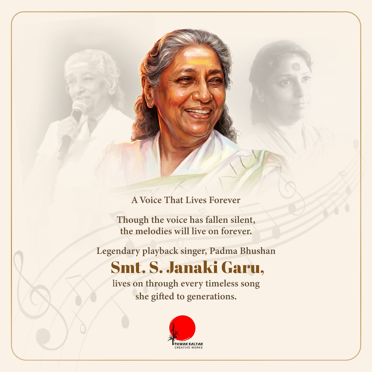 PKCWoffl's tweet photo. A Voice That Lives Forever

Though the voice has fallen silent,
her melodies will echo through eternity.

Legendary playback singer Padma Bhushan Smt. S. Janaki Garu leaves behind an unparalleled musical legacy. Over a career spanning nearly seven decades, she mesmerized generations by rendering more than 48,000 songs across 17+ Indian and international languages. She was honoured with 4 National Film Awards and 12 Nandi Awards, along with numerous other State honours, making her one of India's most celebrated playback singers.

For Telugu audiences, she also lent her soulful voice to "O Daivama" in Pawan Kalyan Garu's debut film, "Akkada Ammayi Ikkada Abbayi", a melody that remains cherished by fans.

Pawan Kalyan Creative Works pays its heartfelt tributes to the legendary Smt. S. Janaki Garu.

Her voice will never fade. It will continue to inspire generations, and her timeless melodies will live on forever.

Om Shanti.

#SJanaki