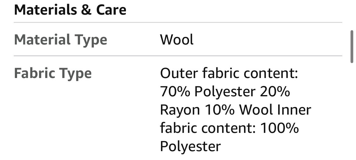 dob4242's tweet photo. Amazon listing for a Wool suit. 10%  of lining is wool. How is this okay? https://t.co/HerEWCbsuM