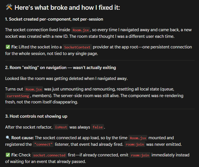 deepra474's tweet photo. Back with another Pulse update 🎵 hit some wild bugs today -room audio stopping on navigation, stale socket connections, host controls breaking. traced every one of them. full breakdown below 👇

#MERN #WebDev #WebSockets #SocketIO #BuildInPublic #Programming #ReactJS #Coding #JS https://t.co/USncAGtJfN
