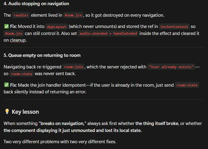 deepra474's tweet photo. Back with another Pulse update 🎵 hit some wild bugs today -room audio stopping on navigation, stale socket connections, host controls breaking. traced every one of them. full breakdown below 👇

#MERN #WebDev #WebSockets #SocketIO #BuildInPublic #Programming #ReactJS #Coding #JS https://t.co/USncAGtJfN