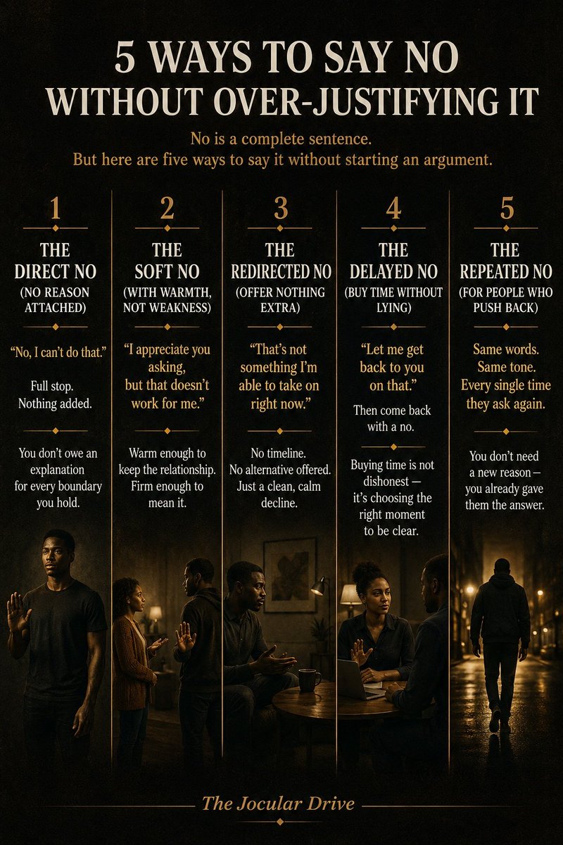 TheJocularDrive's tweet photo. 5 WAYS TO SAY NO WITHOUT OVER-JUSTIFYING IT. 

No is a complete sentence. 
But here are five ways to say it without starting an argument. https://t.co/YkQQfDRhqH