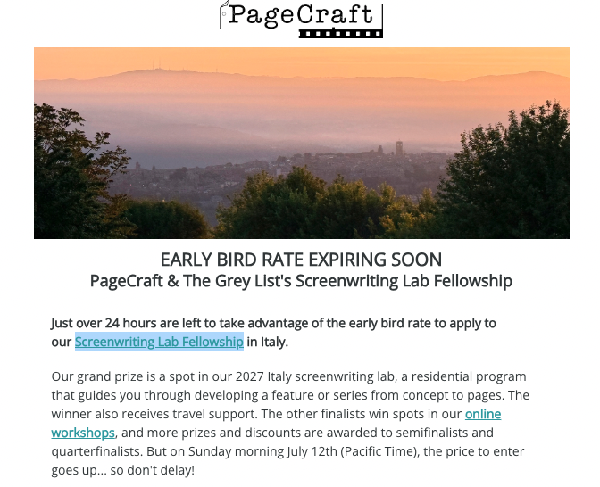 HeidiHornbacher's tweet photo. Last call for early bird discount for a chance to write in Italy next year:
https://t.co/1VOVVNYn7K
#screenwriting https://t.co/Ju5LN7pXu6