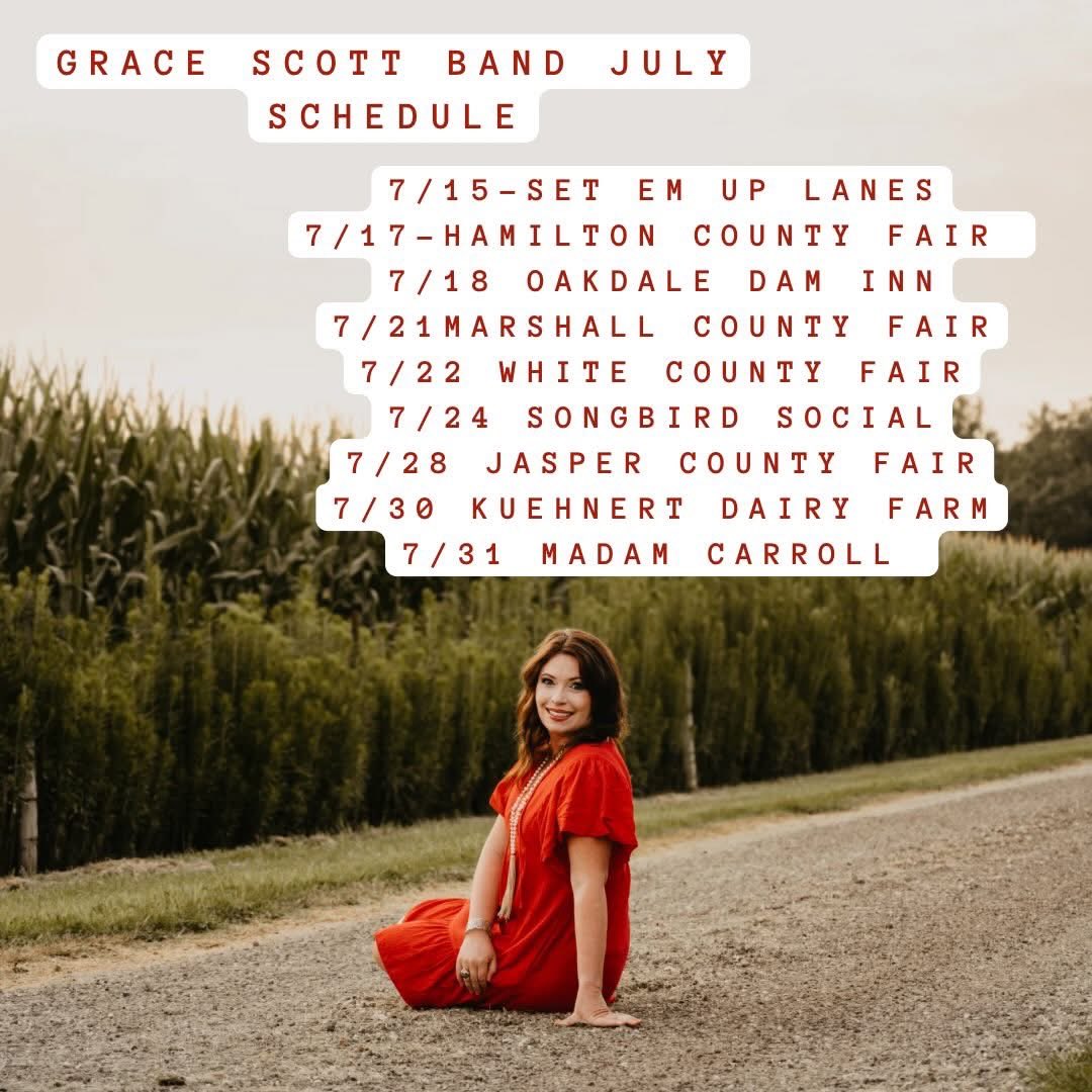 GraceScott_Band's tweet photo. July is already off to a great start and we have lots of fun shows heading your way!!  From Carmel to the Region we will be heading all over Indiana with several great county fairs on our list. We can’t wait to see you out in the road! #gracescottband #summertour #countyfairs https://t.co/SRkdmQgeve