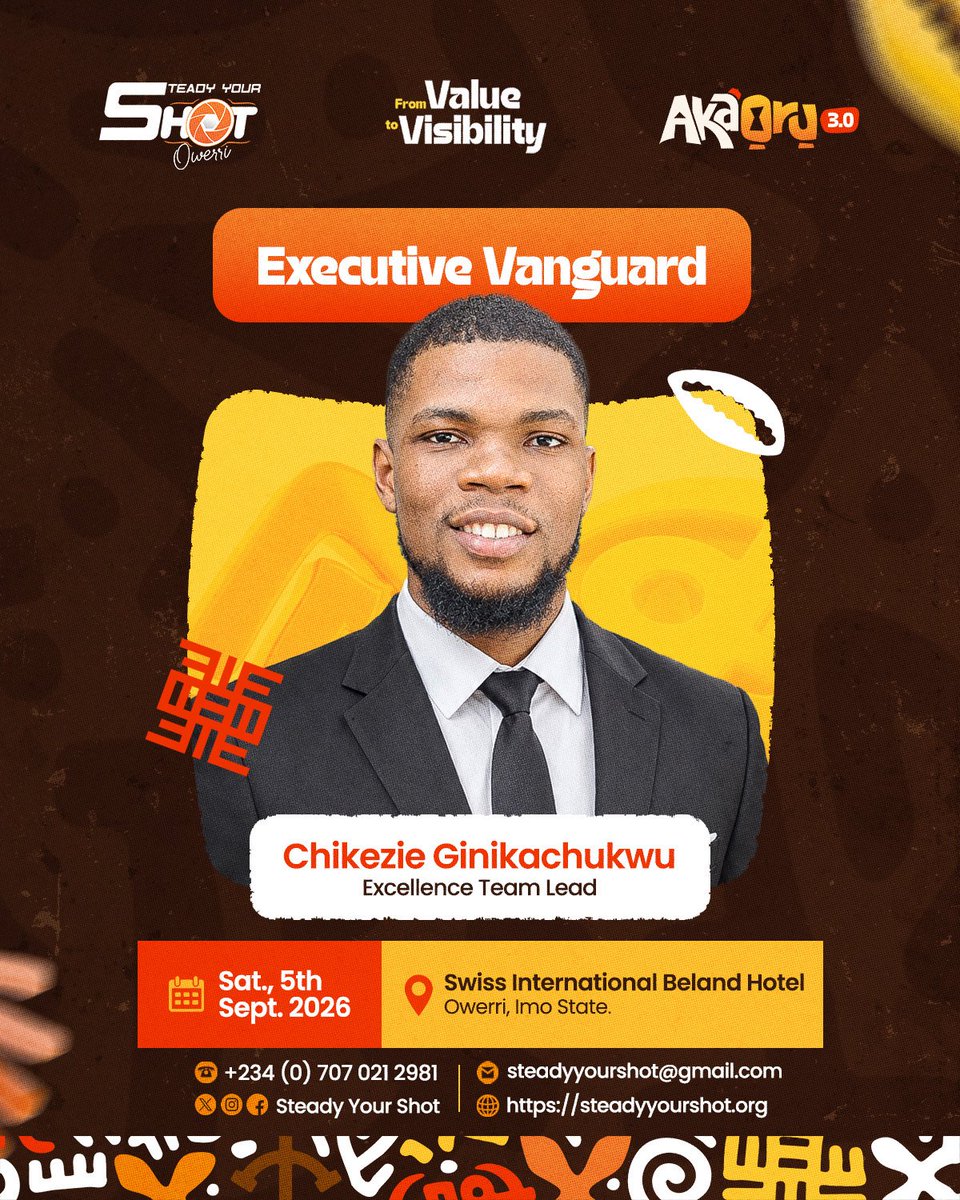 steadyyourshot's tweet photo. MEET OUR EXECUTIVE VANGUARDS

Behind every great vision is a team that refuses to settle for ordinary.

Introducing our Vanguard Leaders for Steady Your Shot 2026 — Aka Oru 3.0.

Get ready for what we're bringing.

It's mind-blowing!

#SteadyYourShot2026
#SYS26
#AkaOru3 https://t.co/EqYy09CRUx