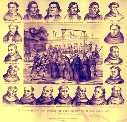 MariaAngelaGrow's tweet photo. July 9 The 19 Martyrs of Gorkum (Gorkum Martyrs, Martyrs of Gorcum)  Netherlands.
.
Saint Adrianus van Hilvarenbeek
Saint Andreas Wouters
Saint Antonius van Hoornaar
Saint Antonius van Weert
Saint Cornelius van Wijk
Saint Francisus de Roye
Saint Godfried van Duynen
Saint Godfried van Melveren
Saint Hieronymus van Weert
Saint Jacobus Lacops
Saint Joannes Lenaerts
Saint John of Cologne
Saint Leonardus van Veghel
Saint Nicasius Janssen van Heeze
Saint Nicolaas Pieck
Saint Nicolaas Poppel
Saint Petrus van Assche
Saint Theodorus van der Eem
Saint Willehad van Deem 
.
The year 1572, Luther and Calvin had already wrested from the Church a great part of Europe. The iconoclastic storm had swept through the Netherlands and was followed by a struggle between Lutheranism and Calvinism in which the latter was victorious.
In 1571 the Calvinists held their first synod, at Embden. On 1 April of the next year, the Dutch Watergeuzen (Sea-beggars, a Calvinist organisation) conquered Briel and later Vlissingen and other Cities and regions. In June, Dortrecht and Gorkum fell into their hands and at Gorkum they captured nine Franciscans. These were: Nicholas Pieck, Guardian of Gorkum, Hieronymns of Weert, Vicar, Theodorus van der Eem, of Amersfoort, Nicasius Janssen, of Heeze, Willehad of Denmark, Godefried of Mervel, Antonius of Weert, Antonius of Hoornaer, and Franciseus de Roye, of Brussels. To these were added two Lay Brothers from the same Monastery, Petrus of Assche and Cornelius of Wyk near Duurstede.
.
Almost at the same time, the Calvinists laid their hands on the learned Parish Priest of Gorkum, Leonardus Vechel of Bois-le-Duc, who had made distinguished studies in Louvain and also his assistant. Nicolaas Janssen, surnamed Poppel, of Welde in Belgium. With the above, were also imprisoned Godefried van Duynsen, of Gorkum who was active as a Priest in his native City and Joannes Lenartz of Oisterwljk, an Augustinian and director of the Convent of Augustinian Nuns in Gorkum.
.
To these fifteen, who from the very first underwent all the sufferings and torments of the persecution, were later added four more companions – Joannes van Hoornaer, (known as St John of Cologne) a Dominican of the Cologne province and Parish Priest not far from Gorkum, who, when apprised of the incarceration of the clergy of Gorkum, hastened to the City in order to administer the Sacraments to them and was seized and imprisoned with the rest. Also Jacobus Lacops of Oudenaar, a Norbertine, who after leading a frivolous life, being disobedient to his Order and neglectful of his religious duties, reformed, became a curate in Monster, Holland and was imprisoned in 1572. Adrianus Janssen of Hilvarenbeek, at one time a Premonstratensian and Parish Priest in Monster, who was sent to Brielle with Jacobus Lacops and lastly, Andreas Wouters of Heynoord, whose conduct was not edifying up to the time of his arrest but,, who made ample amends by his Martyrdom.
.
After enduring much suffering and abuse in the prison at Gorkum (26 June-6 July) the first fifteen Martyrs were transferred to Brielle. On their way to Dortrecht, they were exhibited for money to the curious and arrived at Brielle on July 8. On the following day, Lumey, the Commander of the Watergeuzen, caused the Martyrs to be interrogated and ordered a sort of disputation.
.
In the meantime, the four other Martyrs also arrived. It was exacted of each that he abandon his belief in the Blessed Sacrament and in Papal Supremacy. All remained firm in their faith. Meanwhile, a letter arrived from William of Orange, an important secular leader, which enjoined all those in authority to leave Priests and Religious unmolested. Nevertheless, Lumey caused the Martyrs to be hanged in the night of 9 July, in a turf-shed amid cruel mutilations.
.
Their Beatification took place on November 14, 1675 by Pope Clement X and they were Canonised on June 29, 1867 by Pope Pius IX. Ever since this evil day, the place of their Martyrdom in Brielle has been the scene of numerous pilgrimages and processions.
.
Eternal Father, I wish to honor the 19 Martyrs of Gorkum, and I give Thee thanks for all the  graces Thou hast bestowed upon them. I ask Thee to please increase grace in  my soul through the merits of these saints, and I commit the end of my life to them by this special prayer, so that by virtue of Thy goodness and promise, the 19 Martyrs of Gorkum might be my advocate and provide whatever is needed at that hour. Amen.