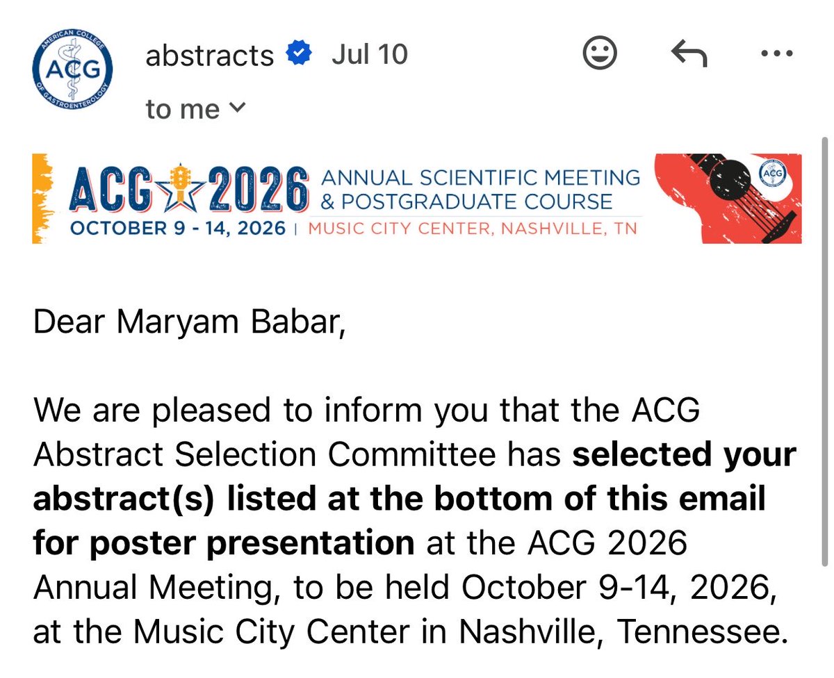 maryamycin's tweet photo. Excited to share that our work has been accepted at #ACG2026! Looking forward to presenting our research and connecting with colleagues in gastroenterology. #GITwitter 

🎉 https://t.co/HpjshWhb73