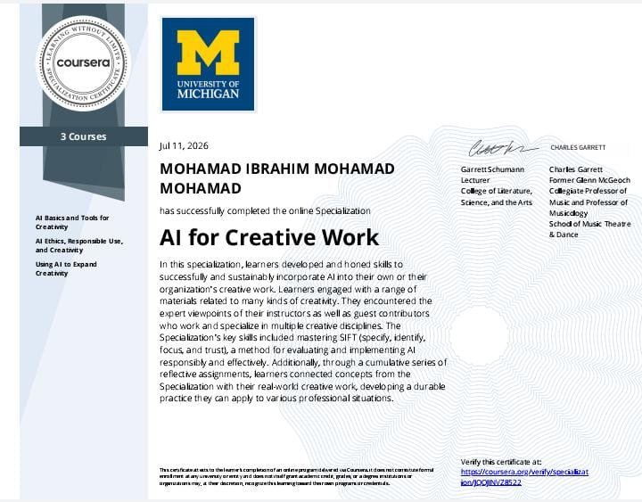 dredutest's tweet photo. تبني الذكاء الاصطناعي التوليدي دون "منهجية حوكمة" واضحة هو مجرد هدر للموارد التشغيلية.
سعيد بإتمام تخصص AI for Creative Work من University of Michigan.
 ركزت الرحلة على إتقان إطار عمل SIFT لتدقيق وإدارة مخرجات الذكاء الاصطناعي 
​#الذكاء_الاصطناعي #التحول_الرقمي #رؤية_2030 https://t.co/h3N0p2oUX8