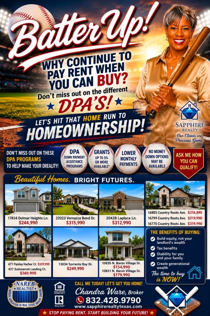 homesbychandra's tweet photo. Batter up! ⚾️ Knock it out of the park! Hit a home run to homeownership with DPA and grants. Build generational wealth today. I have all your real estate needs covered!
Chandra Ware, CEO/Broker
832-487-9493
#Homeownership #DPA #SapphireRealty #buildingwealth https://t.co/IgLd14pJ4u
