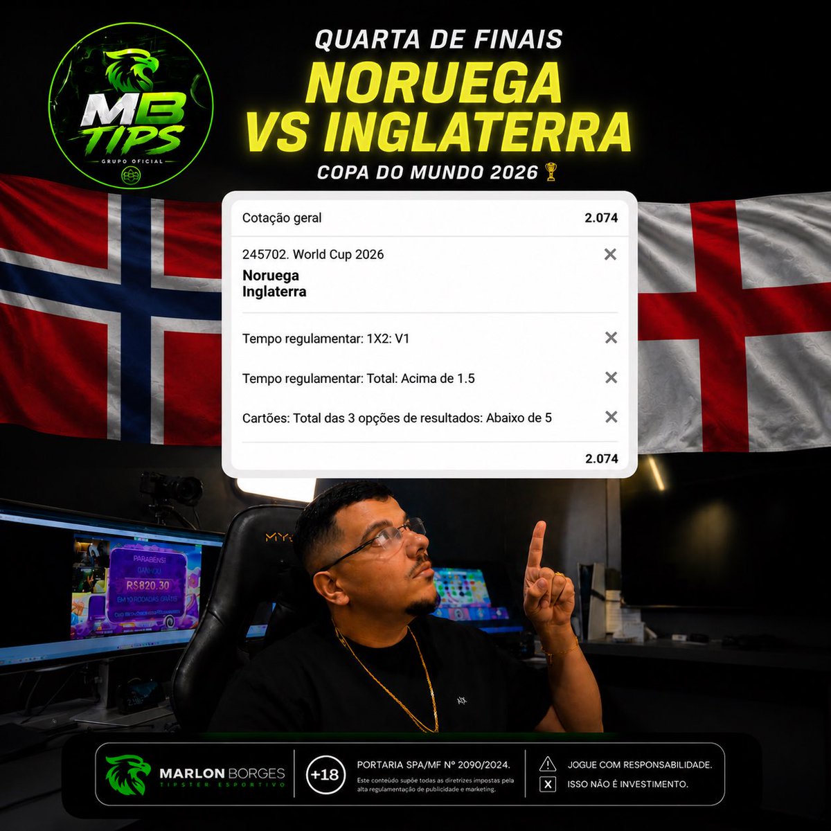 MaarlonBoorges's tweet photo. ENTRADA OFICIAL | COPA DO MUNDO 2026 🌍⚽

Quartas de final e a escolha de hoje é:

✅ Inglaterra vence (Tempo Regulamentar)
✅ Mais de 1.5 gols na partida
🎯 Odd final: 2.28

🔞 Conteúdo destinado a maiores de 18 anos.
⚠️ Apostas envolvem riscos. Aposte com responsabilidade. https://t.co/5Z9mMjaBoZ