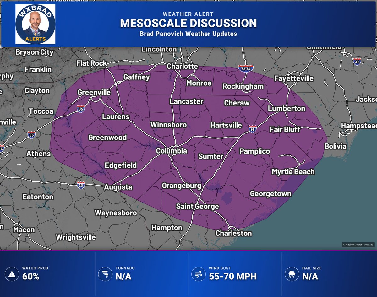 wxbrad's tweet photo. Mesoscale Discussion — Much of SC into portions of southern NC &amp; far eastern GA. Scattered thunderstorms will evolve ESE this afternoon/evening, with threat for damaging wind gusts across parts of the Carolina Piedmont and Coastal Plain. https://t.co/xvCQyJiGjm