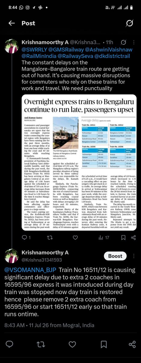 Krishna31341593's tweet photo. @RailwaySeva @DrmMys Dear Team delay is persistent for train 16511/12 please regularise the train timings and run this train as per scheduled time and this delay is because of 2 additional coach in 16515/16 whish is no more required as day is is restored please fix this delay as it is causing problem https://t.co/QQ3Rnf6R6Q