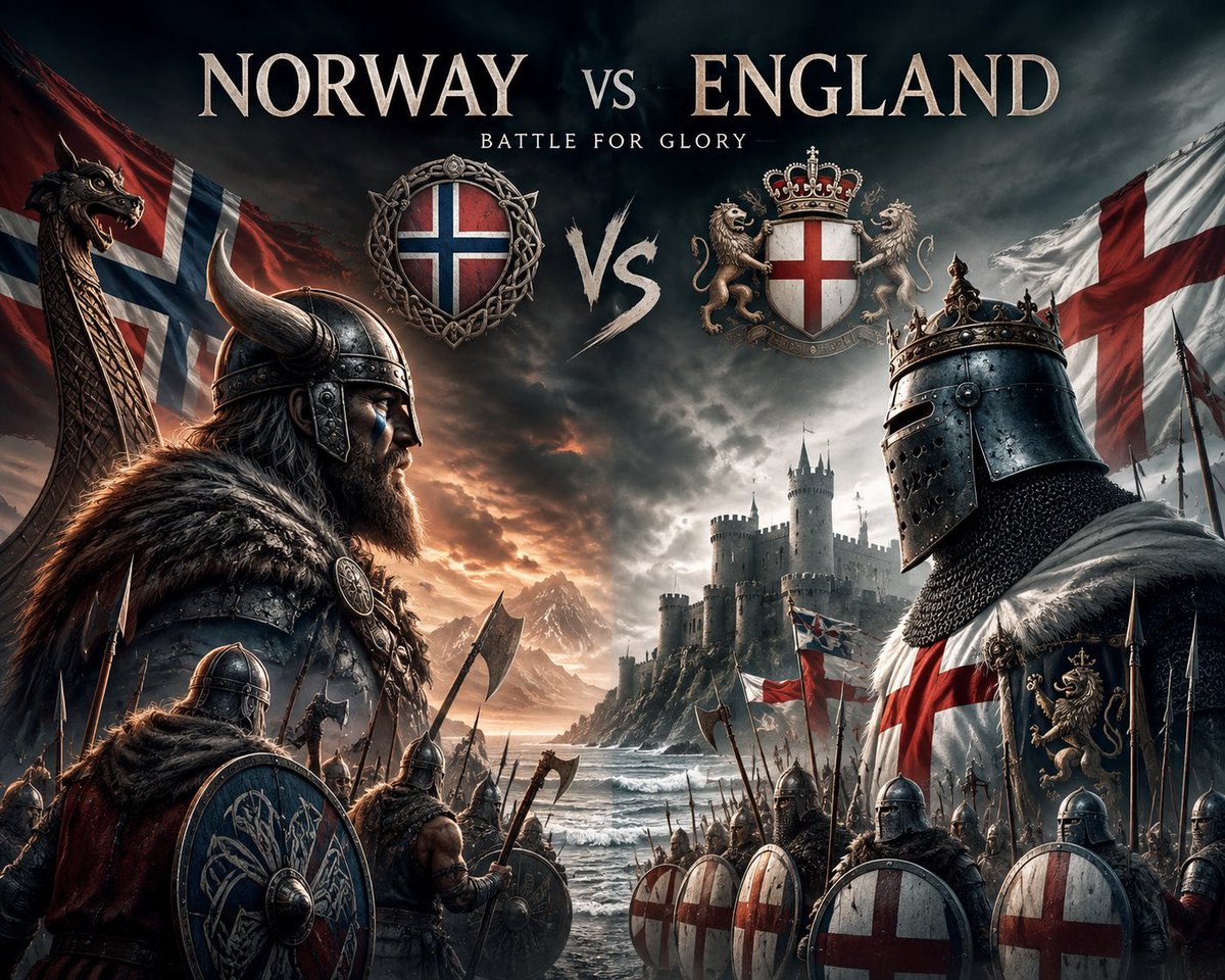 FCChainHQ's tweet photo. ⚔️ From the frozen fjords of the North… to the kingdom that forged an empire.

This is more than football.
This is pride. History. Legacy.

The Vikings march into battle.
The English stand their ground.

Two nations.
Ninety minutes.
One story waiting to be written.

When the whistle blows, legends won’t be remembered…
they will be created.

🏴⚔️ Norway vs England.
Let the battle begin.

#NORENG #Norway #England #Football #MatchDay #Vikings #ThreeLions #EpicFootball