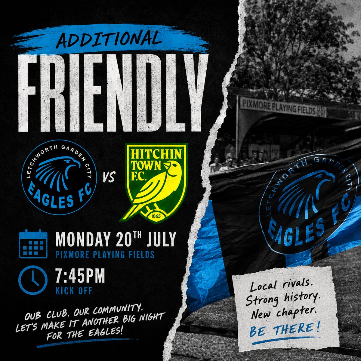 LGCEaglesFC's tweet photo. ๐ฆ
Additional friendly added
Weโre back at Pixmore on Monday 20 July as Hitchin Town visit for a 7:45pm KO.
A local game, and a strong test for the first team.
Letโs get the club down there and make it a proper occasion ๐
#LGCEagles #EaglesFC #LGCE #HitchinTown #PreSeason https://t.co/CbqjJjSRjF
