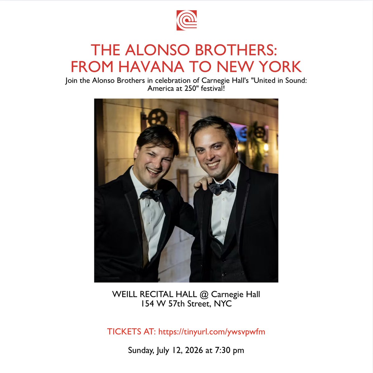 CCCdeNY's tweet photo. Join the Alonso Brothers in celebration of Carnegie Hall's "United in Sound: America at 250" festival!
FROM HAVANA TO NEW YORK ~ A not-to-be missed summer extravaganza. For tickets, go to https://t.co/MGSWE2HjyX https://t.co/OjgWsYwH9m