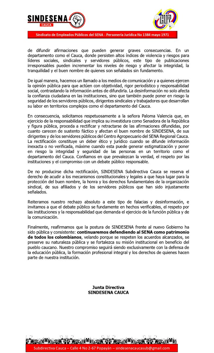 sindesenacol's tweet photo. Senadora, @PalomaValenciaL, 

Si va a hacer denuncias hágalas bien, con pruebas, no con rumores.

Senadora, qué es eso de “nos sigue llegando información”

Les siguen llegando chismes.

Nosotros sí les hablamos con argumentos, en este hilo desmentimos uno a uno su "denuncia"

🧵 https://t.co/AgdDbQrCJJ