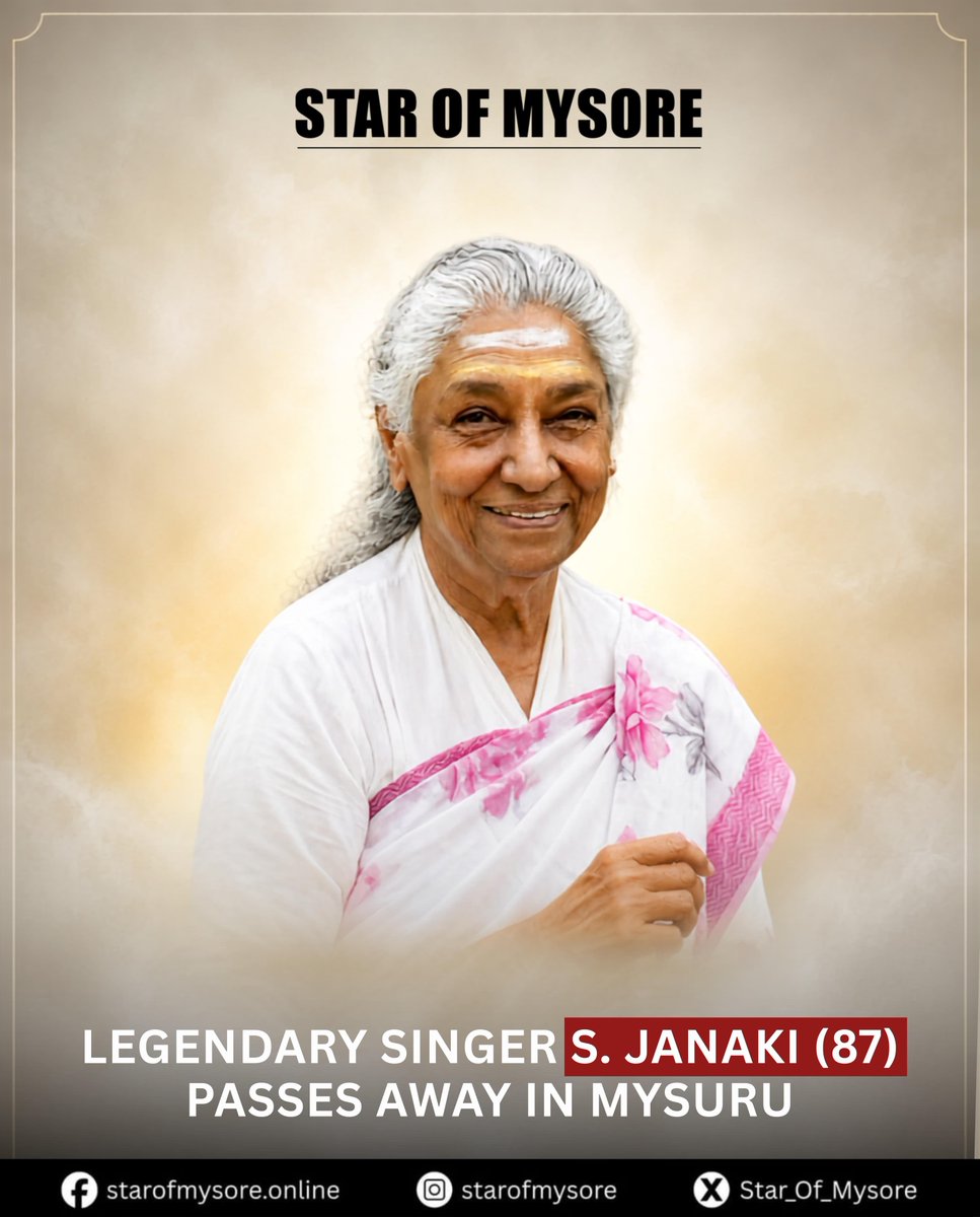 Star_Of_Mysore's tweet photo. Legendary singer S. Janaki passed away today in Mysuru. She was 87. 

S. Janaki has recorded over 48,000 songs in films, albums, television, and radio, which includes solos, duets, chorus and title tracks in 20 Indian languages, including Kannada, Telugu, Tamil,Malayalam, Hindi, Sanskrit, Odia, Tulu, Urdu, Punjabi, Badaga, Bengali, Konkani, as well as in foreign languages such as English, Japanese, German, and Sinhala. 

She is one of the most versatile singers in India. The language in which she sang the most songs in her career was Kannada, followed by Malayalam. She is widely acclaimed as the "Queen of Expression and Modulation".

Janaki began her singing career with the Tamil film Vidhiyin Vilayattu (1957) at the age of 19 and recorded songs in six different languages in the same year. Her career spanned over six decades until 2016, when she announced her retirement from singing for films and stage appearances. However, she returned in 2018, singing for the Tamil film Pannaadi. She was active in the music industry for 60 years.