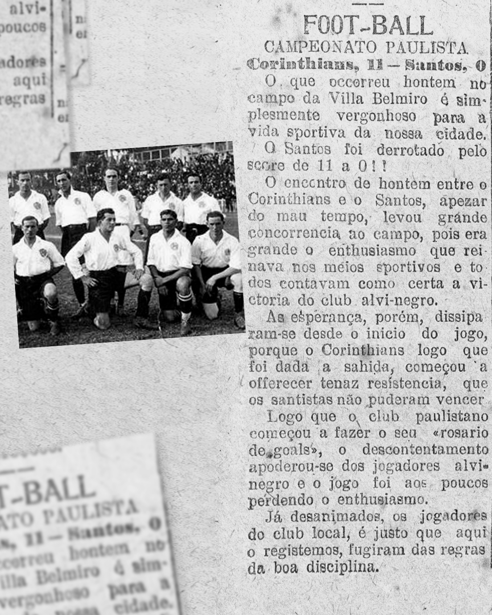 Corinthians's tweet photo. Em 11 de julho de 1920, o Corinthians aplicou a maior goleada da história do Clássico Alvinegro.

Em partida disputada na Vila Belmiro, o Alvinegro do Parque São Jorge venceu o Santos por um histórico e impressionante 11 a 0.

Avassalador durante toda a partida, o Corinthians poderia ter construído um placar ainda mais elástico, mas o adversário abandonou o campo antes do fim do jogo.

Os gols da histórica goleada corinthiana foram marcados por Amílcar, Neco (três vezes), Bororó, Gambarotta (quatro vezes), Basílio e Ary (contra).

#CulturalDoCorinthians
#VaiCorinthians
