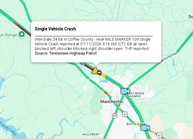 LiveTraffic2's tweet photo. Coffee County/Manchester Area- A crash being cleared on I-24 eastbound at 109 mm 12:07pm CT. https://t.co/ILgxs2IWz7 #CommanderChuck #Nashville #Chattanooga #Tennessee #TDOT #Traffic #TrafficAlert #Follow #Weather #Gas https://t.co/U6XKLeeV6I