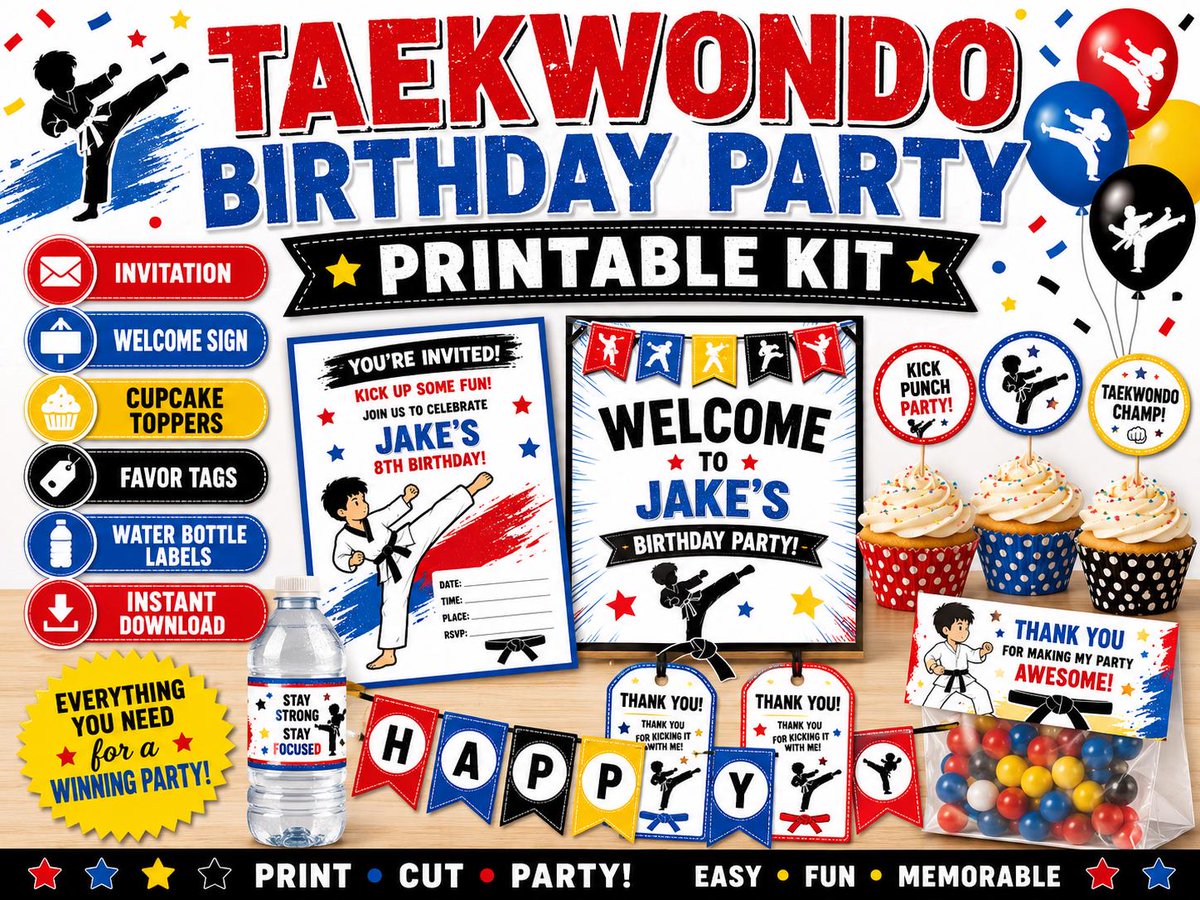 RobertoBorgono1's tweet photo. Planning a martial arts birthday party? 🥋🎉
Printable Taekwondo party kit with invitation, welcome sign, cupcake toppers, favor tags &amp; bottle labels — ready to print and party.
75% OFF launch sale 🔥
https://t.co/koscUsnBII
#Taekwondo #BirthdayParty #PrintableParty #KidsParty https://t.co/nGhluUAH4r