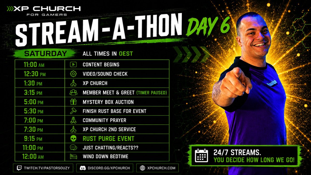 PastorSouZy's tweet photo. STREAM-A-THON DAY 6 🔥

XP Church 1:30pm ET

Mystery Box Auction 5pm ET

Rust Purge Event 9:15pm ET