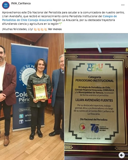 MinagriAraucan's tweet photo. 👋Felicitaciones Lily Avendaño, por este reconocimiento, a tu destacada trayectoria, trabajo gremial, ética y profesionalismo a lo largo de tu carrera en el Centro @inia_carillanca  de #LaAraucanía. 👋👋👋👋👋👋 https://t.co/2pRHp8AUHq