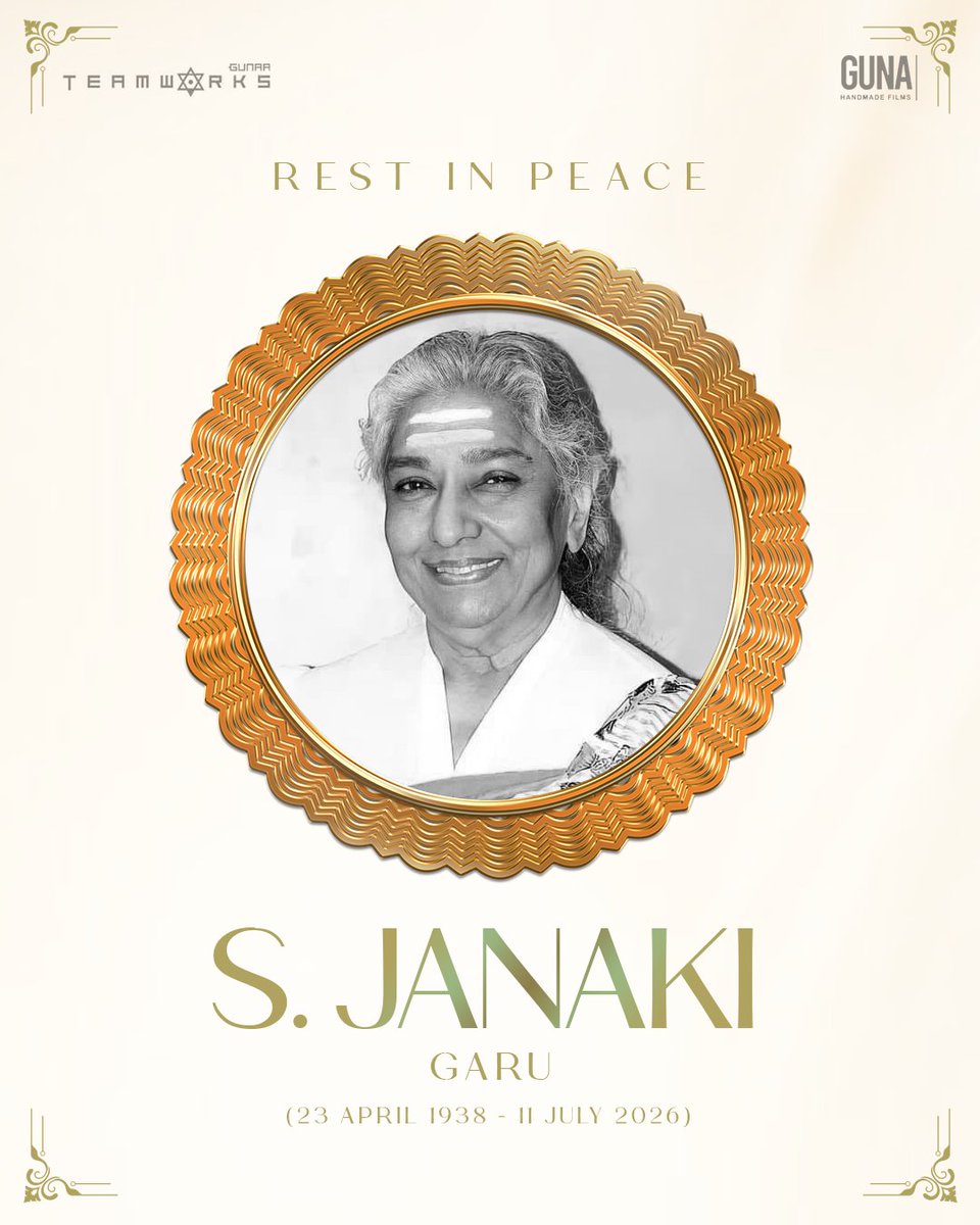 GunaaTeamworks's tweet photo. A legendary voice, a timeless legacy.

Rest in Peace, S. Janaki Garu. Your melodies will continue to live in our hearts forever. 🕊️💐

#RIPSJanakiGaru #SJanaki  #ripsjanakiamma 
#GunaHandmadeFilms #GunaaTeamWorks https://t.co/L2Q2fRtrR3