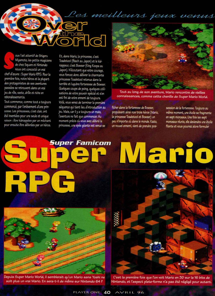 AllmightoFranky's tweet photo. Mars 1996 sortait au Japon sur #SuperFamicom un #RPG plutôt original,#SuperMarioRPG!Sorti aux USA,il ne sera pas dispo chez nous avant lgtps!ici la preview dans #PlayerOne qui ne le testera pas,car le mag se concentrait sur les sorties chez nous!#retro #retrogaming #80s #90s 1/2 https://t.co/H3FKeT65jh