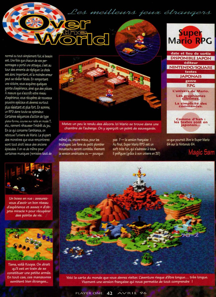 AllmightoFranky's tweet photo. Mars 1996 sortait au Japon sur #SuperFamicom un #RPG plutôt original,#SuperMarioRPG!Sorti aux USA,il ne sera pas dispo chez nous avant lgtps!ici la preview dans #PlayerOne qui ne le testera pas,car le mag se concentrait sur les sorties chez nous!#retro #retrogaming #80s #90s 1/2 https://t.co/H3FKeT65jh