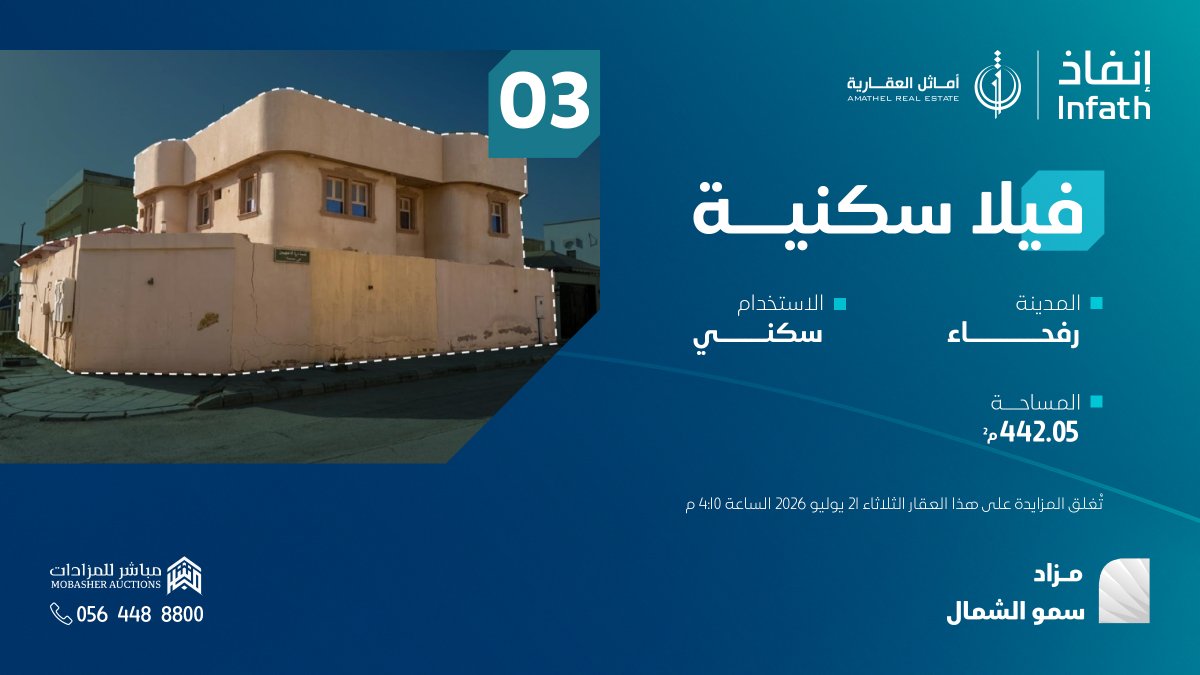 Amathel_re's tweet photo. فرصة متكاملة لامتلاك مساحة سكنية واسعة بتصميم عصري.
فيلا سكنية في رفحاء
📍 بالقرب من طريق عرعر - الجبيل السريع ومطار رفحاء المحلي ورفحاء مول
المساحة: 442.05 م²
استثمار ذكي يضمن لك أعلى مستويات الاستقرار.

#مزاد_سمو_الشمال #عقارات #رفحاء