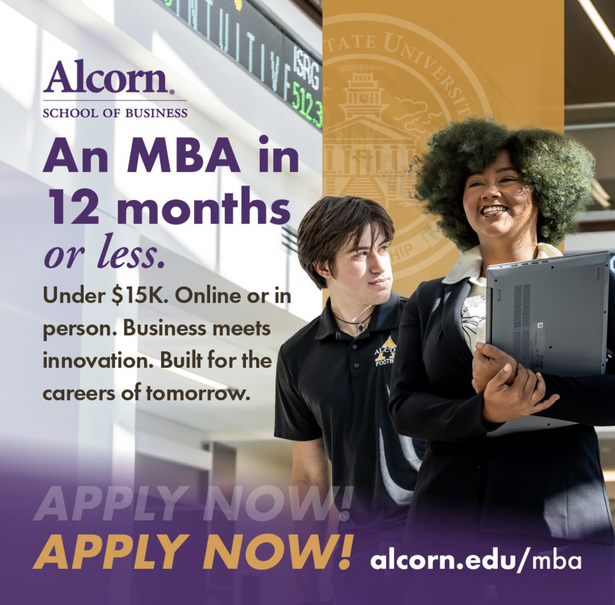 AlcornBusiness's tweet photo. An MBA in 12 months or less. Under $15K. Online or in person.

Business meets innovation at Alcorn. Built for the careers of tomorrow.

Classes start August 10. Apply today: https://t.co/kJfTnolT19

#AlcornMBA #ALWAYSALCORN https://t.co/lofMlnGNgV