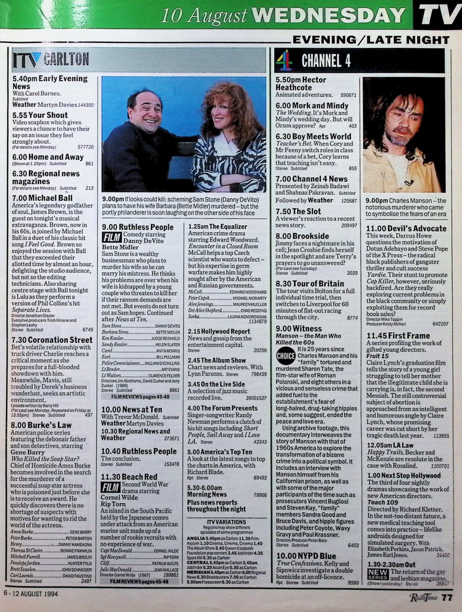 TvDidYouSee's tweet photo. #OnThisDay 10 August 1994 📺TV Listings
#TOTP has a rare Wednesday night outing.
#DavidTroughton stars in Andrew Davies' play A FEW SHORT JOURNEYS OF THE HEART.
Bet's relationship with Charlie is volatile in #CoronationStreet.
Soul singer #JamesBrown joins #MichaelBall. https://t.co/XAHp9NIneE
