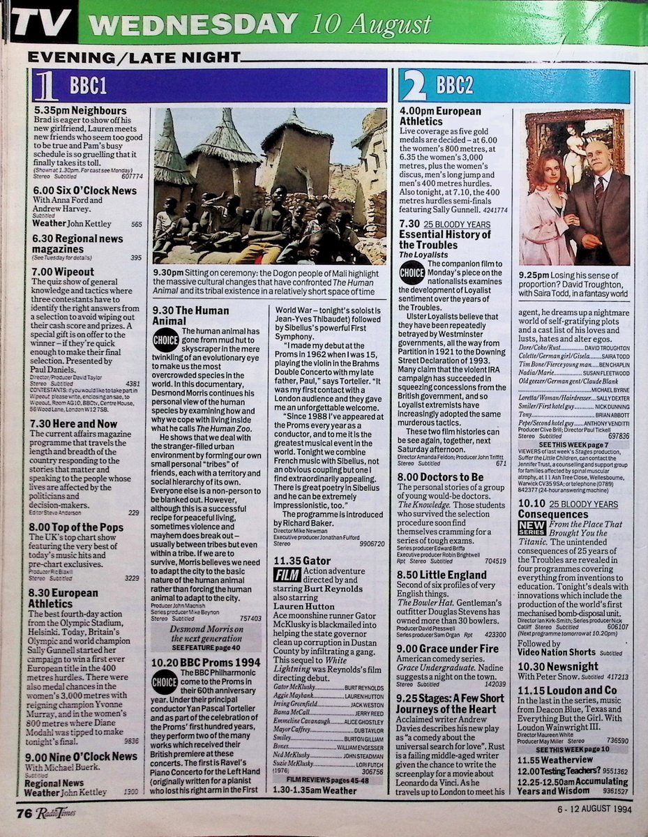 TvDidYouSee's tweet photo. #OnThisDay 10 August 1994 📺TV Listings
#TOTP has a rare Wednesday night outing.
#DavidTroughton stars in Andrew Davies' play A FEW SHORT JOURNEYS OF THE HEART.
Bet's relationship with Charlie is volatile in #CoronationStreet.
Soul singer #JamesBrown joins #MichaelBall. https://t.co/XAHp9NIneE