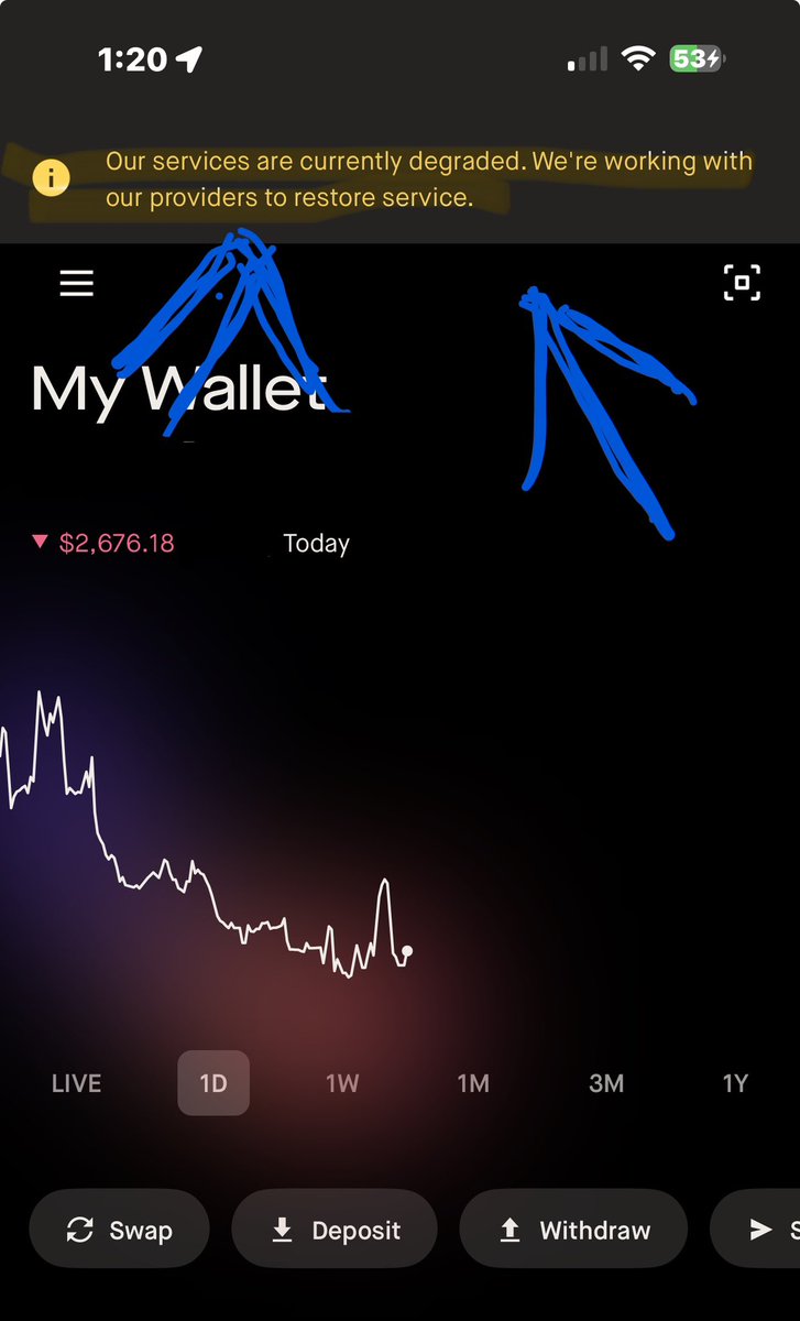 Phatts326's tweet photo. I love @RobinhoodCrypto and the new chain.  But the wallet has basically just screwed me since the new chain went live. I can’t do anything in the app, trying to do swaps is impossible and I’m just bleeding out instead of executing my intentions. @AskRobinhood what’s going on? 

“Our services are currently degraded” is getting me hosed right now 😭 I’m Robinhood backer through and through, but this has gotta get fixed @vladtenev