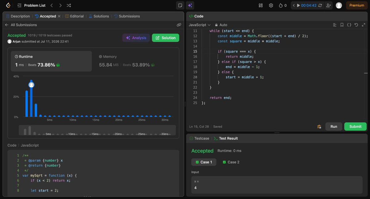 ArjunReactpanda's tweet photo. π Day 14/365 β DSA
β
Solved LC 69 β Sqrt(x)
π‘ Today's biggest learning:
Understood Binary Searc
Pattern: Binary Search
β±οΈ Time: O(log n) | π¦ Space: O(1)
#365DaysOfCode #LeetCode #DSA #BinarySearch #NamasteDev #JavaScript #CodingJourney https://t.co/tPY89g1ce2