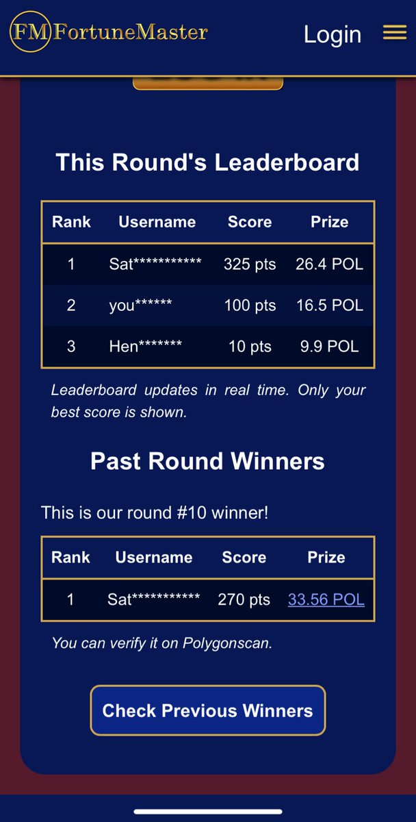 The4tuneMaster's tweet photo. Round 11 of 🐍 Fortune Snake has a clear leader but 2nd and 3rd are still very much up for grabs.

The interesting part: a Starter Pack is 13 ethereum:0x455e53cbb86018ac2b8092fdcd39d8444affc3f6  right now and the second place pays out 16.5 POL.

The math works in your favor if you can crack the top 5 before the round closes in under 3 days ⏲️