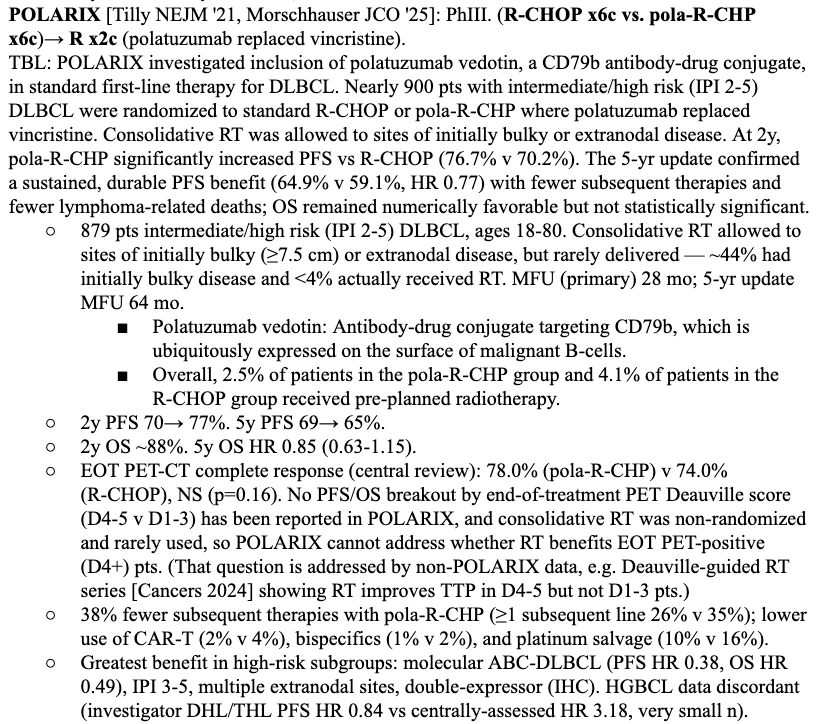 jryckman3's tweet photo. 1/ As with POLARIX, the end-of-treatment PET non-CR subgroup went unreported in POLARGO. We still haven't seen Deauville 4+ EOT outcomes for POLARIX, where ~22% were D4+, yet the low ~3% RT utilization rate was touted as a victory without PFS shown within the D4+ subgroup(!) https://t.co/6brvWs6RWz