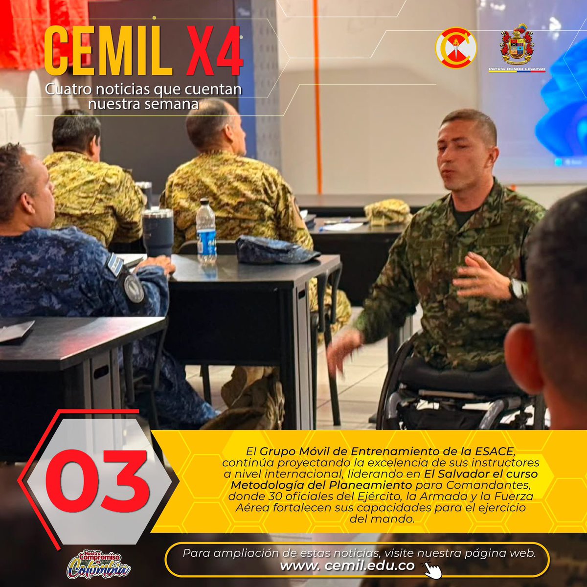 ejercito_cedoc's tweet photo. En #CEMILX4 | Te presentamos el resumen de las actividades más destacadas de nuestras Escuelas de Capacitación del Centro de Educación Militar del Ejército Nacional.

¡Mantente informado con nuestro carrusel informativo!

#PatriaHonorLealtad https://t.co/Oz0Mhr6Emc