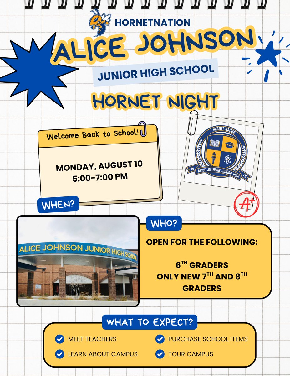 AliceJohnsonJrH's tweet photo. ๐ Hornet Night is almost here! We canโt wait to welcome our newest Hornets to AJJH. Join us on Monday, August 10, from 5โ7 PM to meet teachers, tour the campus, and get ready for an amazing school year! ๐๐ #HornetNation #BackToSchool https://t.co/WAOPxNbW1D
