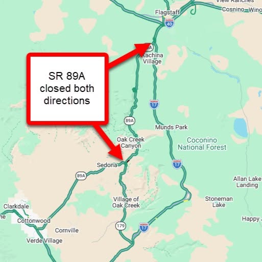 ArizonaDOT's tweet photo. * SR 89A CLOSED *
10:30 a.m. Saturday, July 11
 
Due to the #PocketFire, SR 89A remains closed to non-residents (both directions) between Sedona and I-17 (MP 375-397). Fire details: @CoconinoCounty @CoconinoNF https://t.co/riAPBLd37z