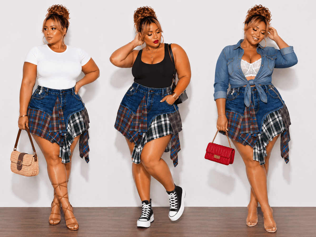 chicandcurvy's tweet photo. From street chic to weekend glam!
Available at https://t.co/iIVdjvBFTE
Plus Size Splicing Skirt in Dark Denim in Multi-Color Plaid Print
*
#ChicAndCurvy #PlusSizeFashion #CurvyStyle #StyleInspo #OOTD #DenimStyle #PatchworkDenim #PlaidSkirt #PlusSizeOOTD https://t.co/JQSLqlZGHH