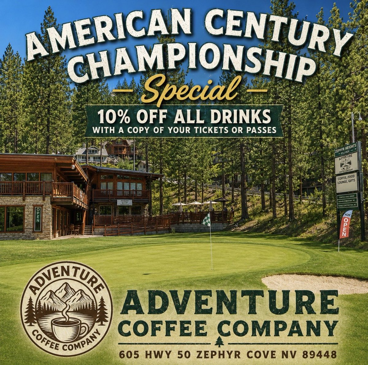 ACCTahoe's tweet photo. 10% off all Drinks w a copy of your American Century Classic tickets and passes. If you bring Larry David in, we’ll give you 50% off and a free Larry’s Latte!  @curbyourenthusiasm 

#celebritygolftournament #laketahoe #coffee #coffeeshop #adventurecoffeeco https://t.co/7Xi0QEcMlh