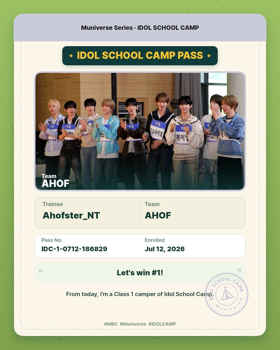 Ahofster's tweet photo. Enrolled in Idol School Camp Class 1! My team is AHOF 🏕️

#아홉_Ahof
#스티븐_Steven
#서정우_Jeongwoo
#차웅기_Cha_Woongki 
#장슈아이보_Zhang_Shuaibo
#박한_Park_Han
#제이엘_JL
#박주원_Park_Juwon
#즈언_Chihen
#다이스케_Daisuke
#MBC #Muniverse #IDOLCAMP
https://t.co/V2oLfaRdvL https://t.co/lUSf1oJPIX