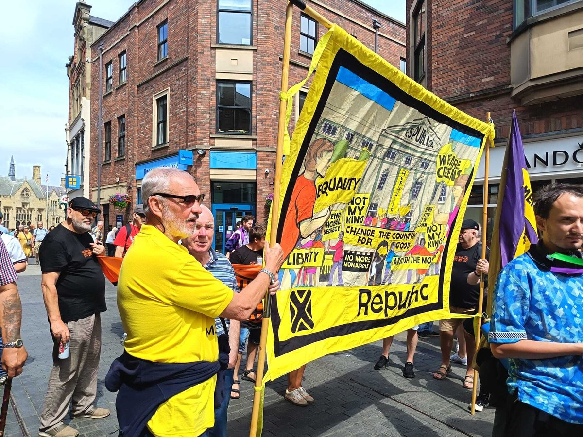 RepublicStaff's tweet photo. Republic activists were at Durham Miners Gala today! The monarchy exempts itself from workers rights laws - it's time for that to end, the anti-monarchy movement will always stand for people's rights over the ones of corrupt billionaires. #AbolishTheMonarchy https://t.co/VmpVFDUE28